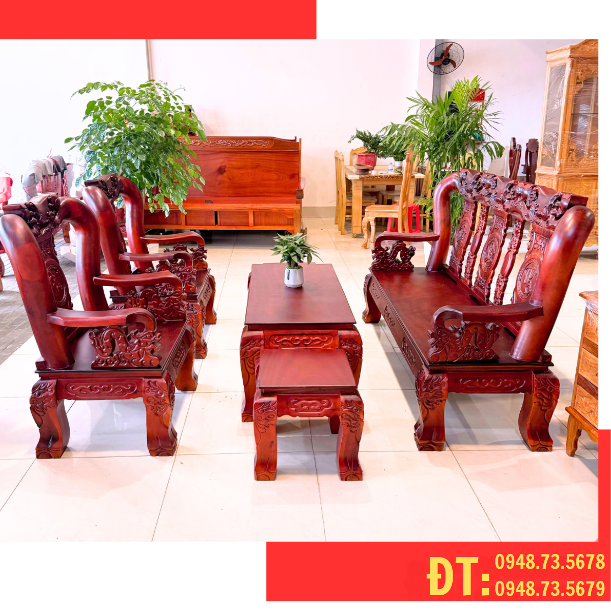 BỘ SALON CỘT 12 CHẠM ĐÀO TAY RỒNG 6 MÓN GỖ TRÀM - SL11