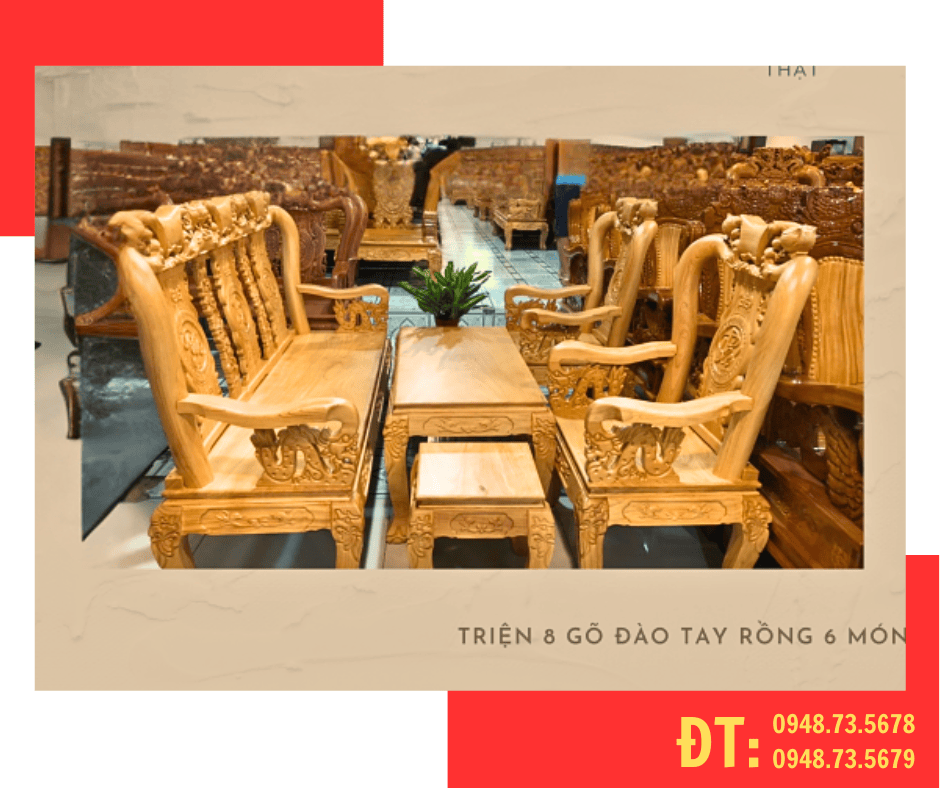 BỘ SALON ĐÀO TAY RỒNG  CỘT 8 GỖ GÕ 6 MÓN
