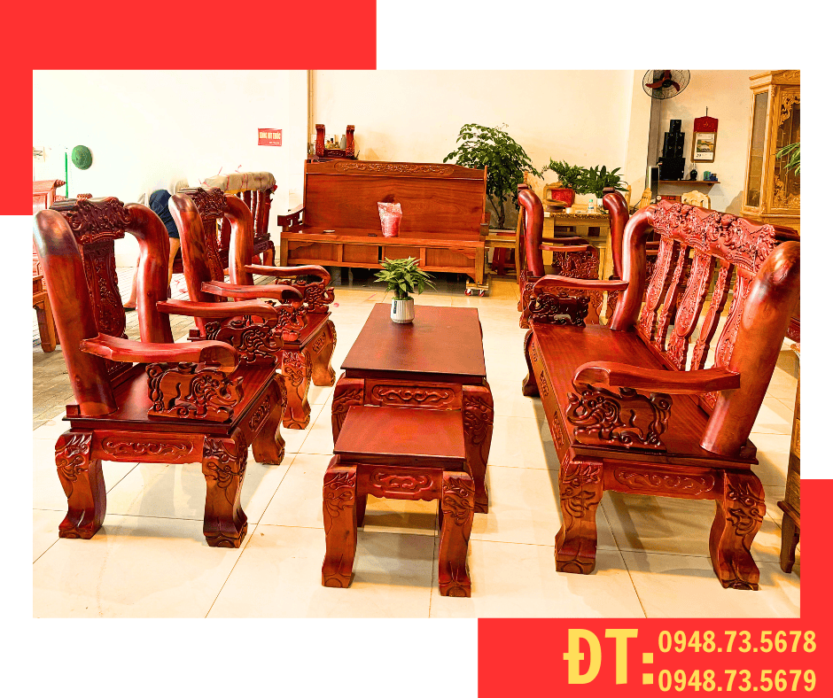 BỘ SALON PHÒNG KHÁCH CỘT 12 CHẠM VOI GỖ TRÀM 6 MÓN - SL10