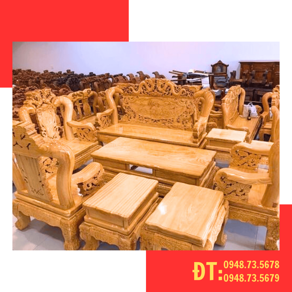 BỘ SALON TAY 14 CHẠM RỒNG BÁT TIÊN GỖ GÕ ĐỎ 10 MÓN MẶT DÀY 5CM - SL08