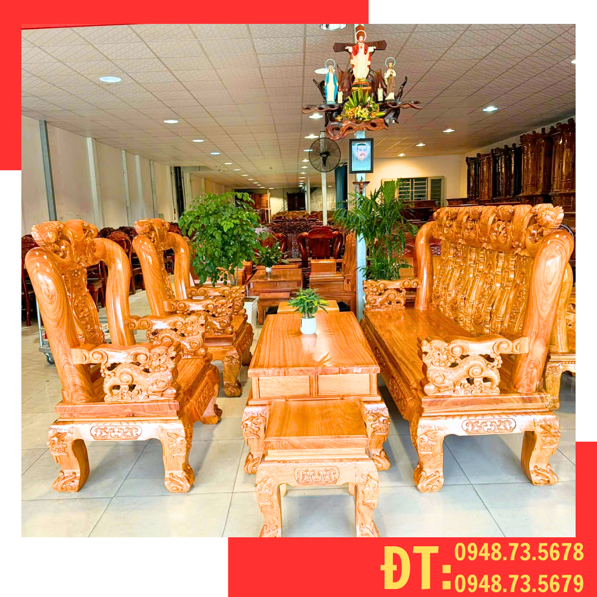 BỘ SALON CỘT 14 CHẠM ĐÀO TAY NGHÊ GỖ GÕ ĐỎ MẶT DÀY 5CM - SL07