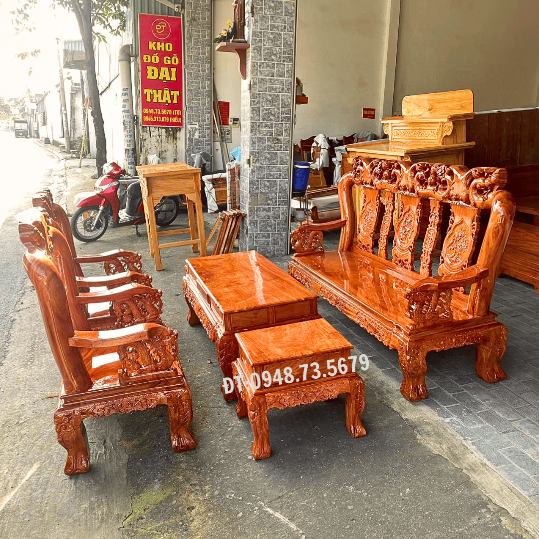BỘ SALON PHÒNG KHÁCH CỘT 12 GỖ HƯƠNG ĐÁ CHẠM ĐÀO TAY RỒNG  - SLH15