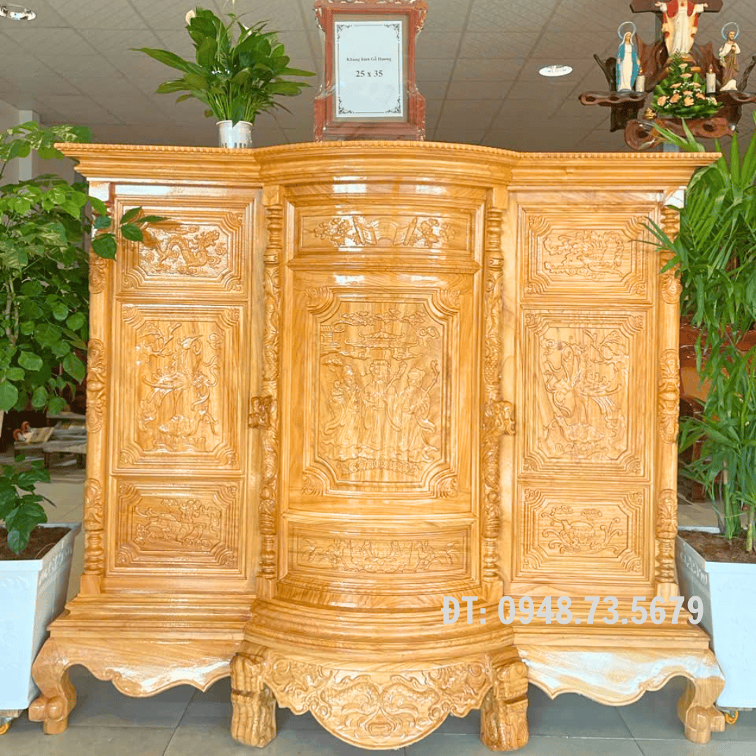 TỦ THỜ GÕ 1M8 CHẠM TAM ĐA GỖ GÕ ĐỎ - TTG3