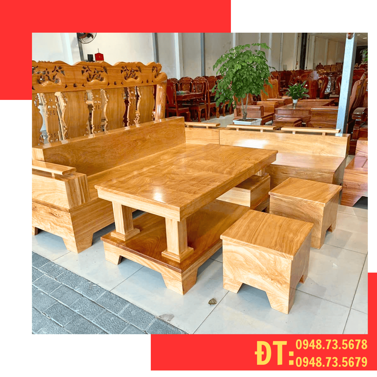 BỘ SOFA GÓC PHÒNG KHÁCH GỖ GÕ ĐỎ MẶT DÀY 3CM - SFG2