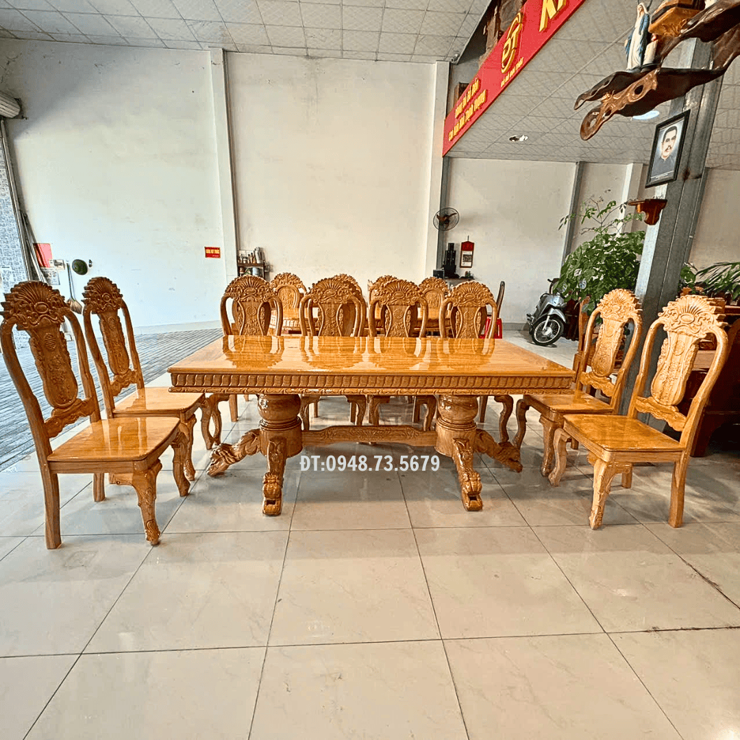 BỘ BÀN ĂN 8 GHẾ GỖ GÕ ĐỎ MẶT BÀN VUÔNG CHÂN CHẠM SƯ TỬ - BAG5 8 2 26