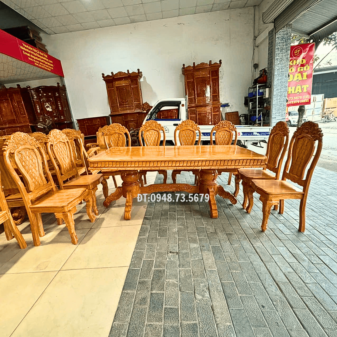 BỘ BÀN PHÒNG ĂN 8 GHẾ GỖ GÕ ĐỎ MẶT BÀN BÁNH TÂY - BAG4 12 3 23