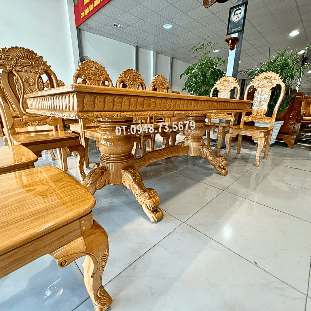 BỘ BÀN ĂN 8 GHẾ GỖ GÕ ĐỎ MẶT BÀN VUÔNG CHÂN CHẠM SƯ TỬ - BAG5 9 3 24