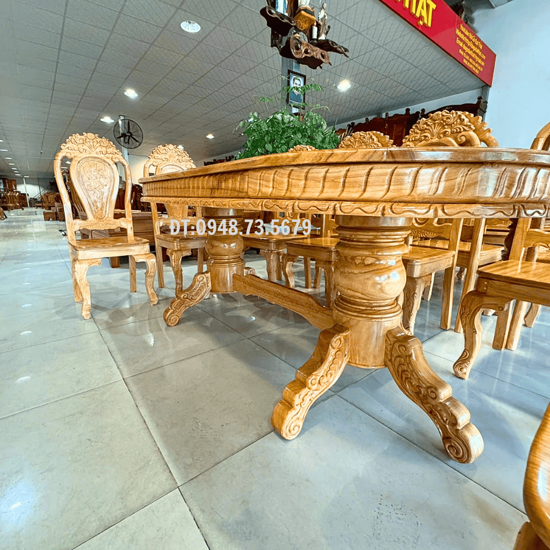 BỘ BÀN PHÒNG ĂN 8 GHẾ GỖ GÕ ĐỎ MẶT BÀN OVAN - BAG3 9 4 22