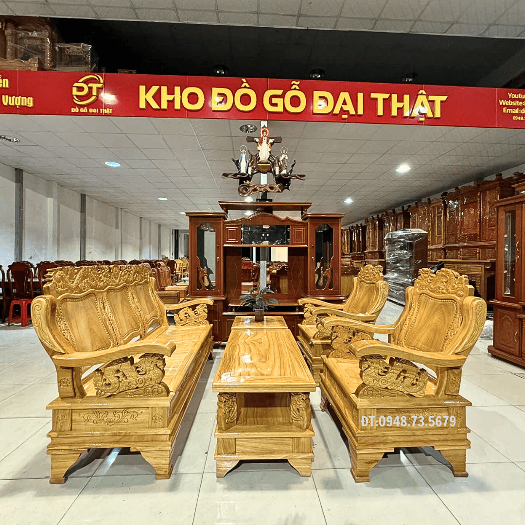 BỘ SALON PHÒNG KHÁCH THÙNG CHẠM RỒNG GỖ GÕ ĐỎ - SLG3