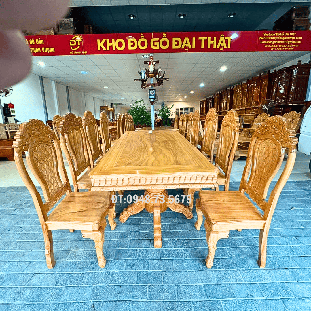 BỘ BÀN PHÒNG ĂN 8 GHẾ GỖ GÕ ĐỎ MẶT BÀN BÁNH TÂY -  BAG4