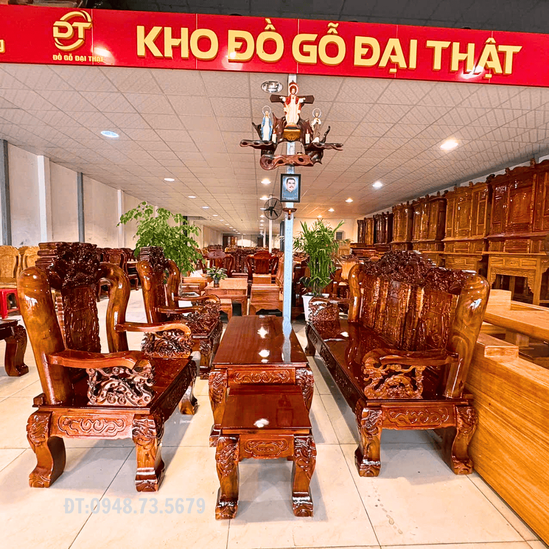BỘ GHẾ SALON PHÒNG KHÁCH CỘT 12 CHẠM RỒNG ĐỈNH GỖ TRÀM – SLT5